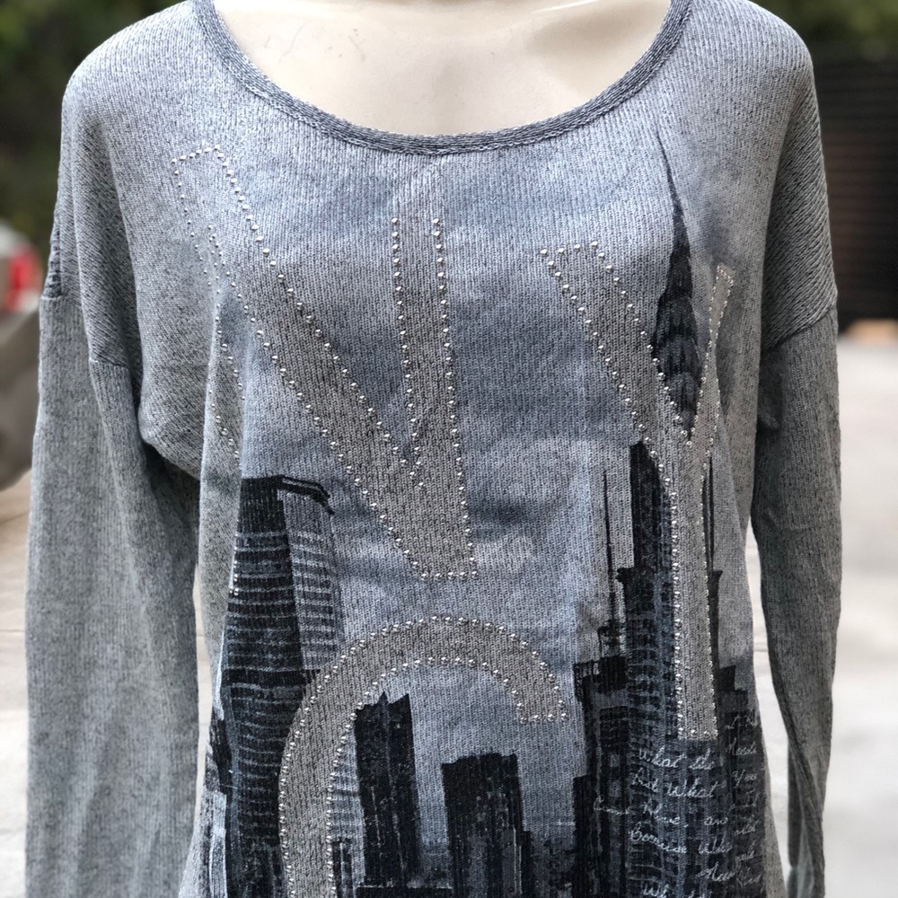Grey Embellished Cityscape Long-Sleeve Top